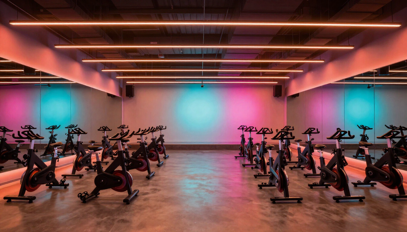 Sala de ciclismo iluminada em tons de rosa e azul